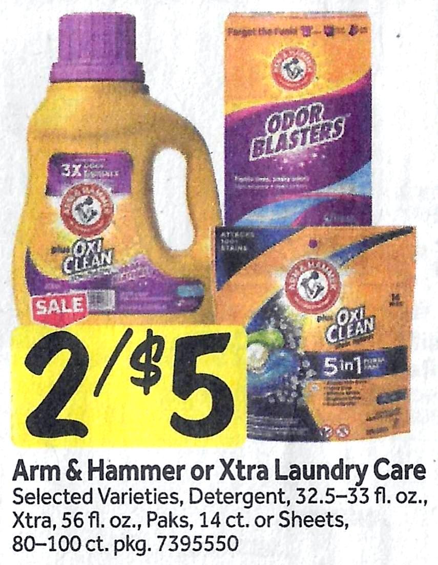 arm & hammer or xtra laundry care detergent 32.5-33 oz, xtra 56 oz, paks 14 ct, or sheets 80-100 ct $2.50