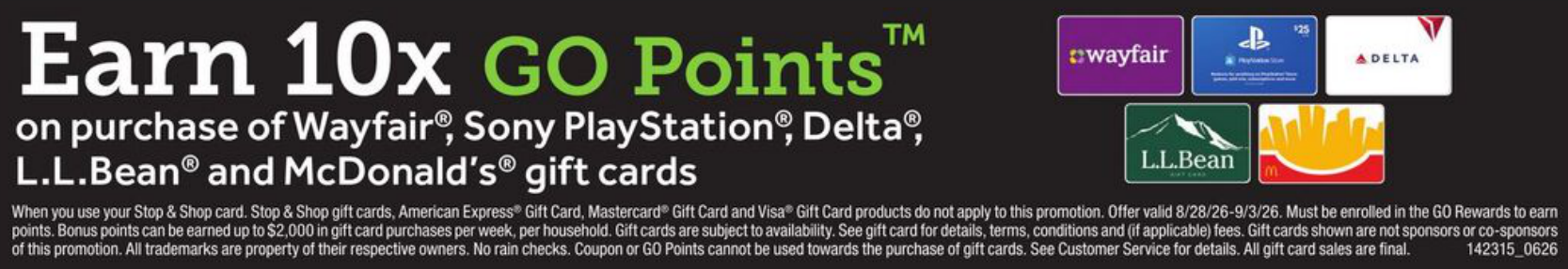 wayfair, sony playstation, delta, l.l.bean & mcdonald's gift cards get 10x go points